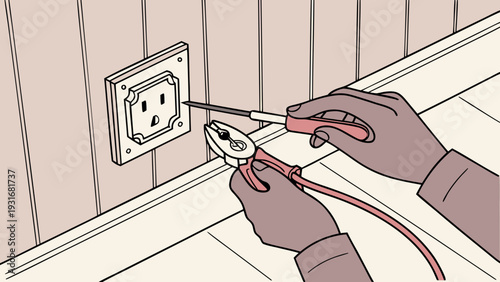 Hands of an electrician working on a wall outlet with tools.
