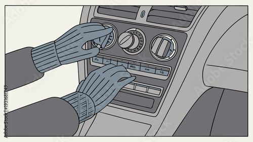 Hands in gloves adjusting car climate control in a vehicle interior.