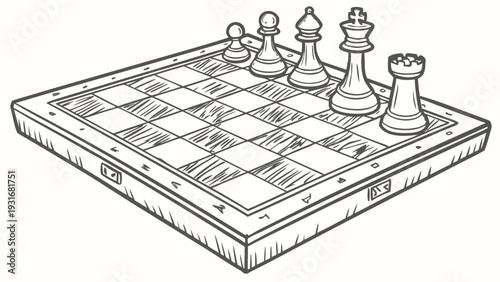 Handdrawn sketch of a classic chess board with various chess pieces.
