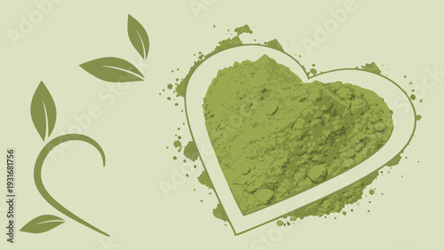 Heartshaped bowl of vibrant green matcha powder with elegant leaf accents.