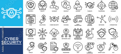 Cyber Security icon set collection. Containing insurance, plan, strategy, terror, achievement, target, science .Line vector icons collection