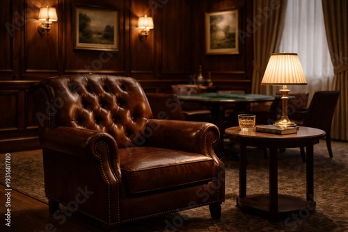 Classic Private Members Club Lounge with Leather and Brass Accents