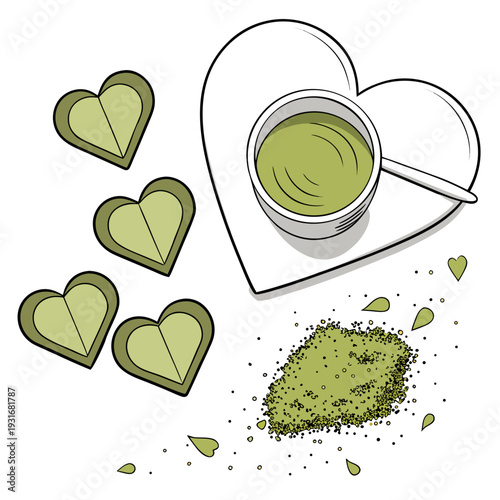 Heartshaped matcha cookies and a cup of green tea.