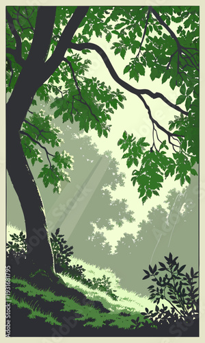 Sunlight filtering through lush green trees in a serene forest landscape.