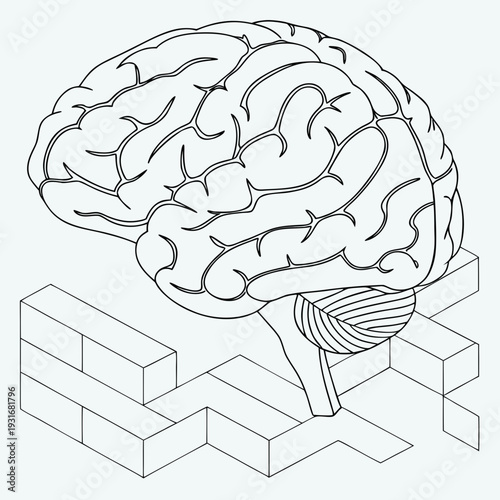 Human Brain on a Wall of Bricks Illustration.