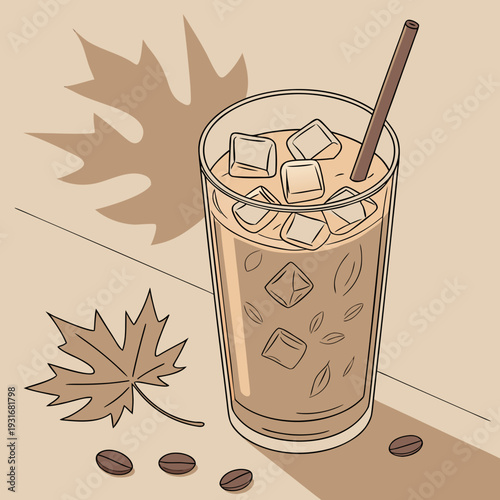 Iced Coffee with Autumn Leaves and Coffee Beans.