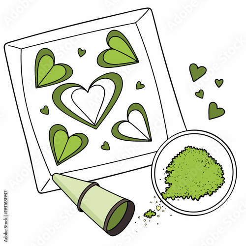Matcha heartshaped cookies being prepared with green tea powder and a piping bag.