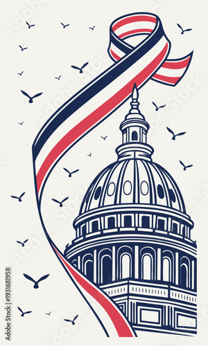 United States Capitol building with a flowing patriotic ribbon and flying birds.