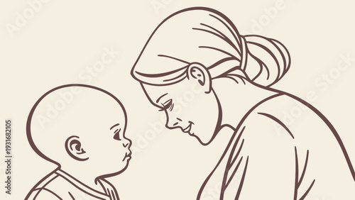 Mother and baby bonding moment line art illustration.