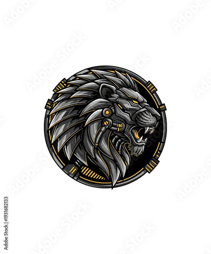 Striking vector graphic illustration depicting a fierce cyborg lion head design within a circular frame.