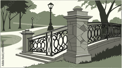 Ornate Bridge and Lamppost in a Serene Park Landscape.