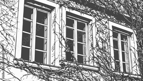 Old building with windows covered in ivy.