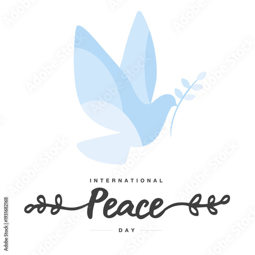 Dove in flight with olive branch International Peace Day logo icon isolated on white background