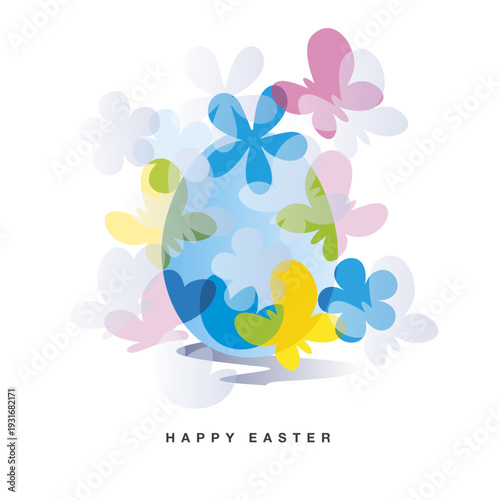 Hapy Easter greeting card. Blue Easter egg with overlapping color butterfly and spring flowers isolated on white background