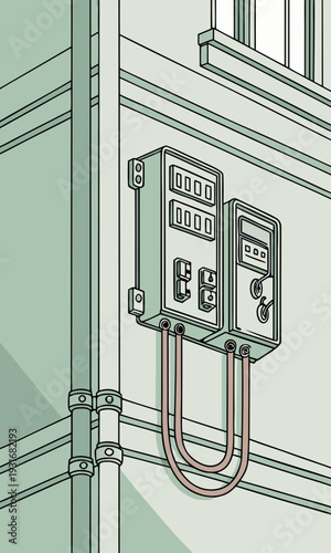 Outdoor utility meters and pipes on a building wall.