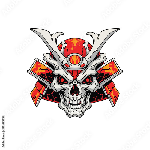Japanese Samurai Skull Warrior Illustration with Bone Helmet and Glowing Red Eyes - Traditional Bushido Spirit Mask