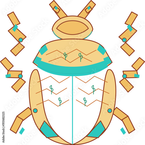 Ancient Egyptian scarab beetle illustration surrounded by hieroglyphics and symbolic elements, viewed from directly above in a minimalist style