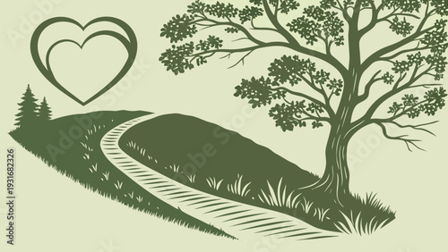 Path to love with tree and heart.