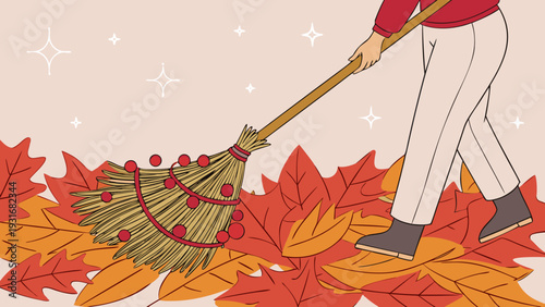 Person Sweeping Autumn Leaves with a Broom.