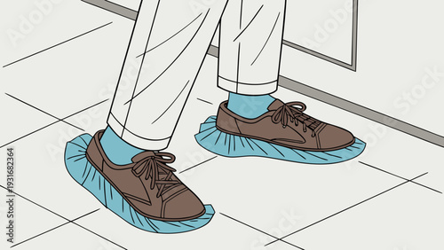 Person wearing disposable shoe covers indoors maintaining cleanliness and hygiene.