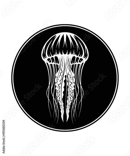 Striking black and white vector graphic illustration of a detailed jellyfish centered within a circular design frame.