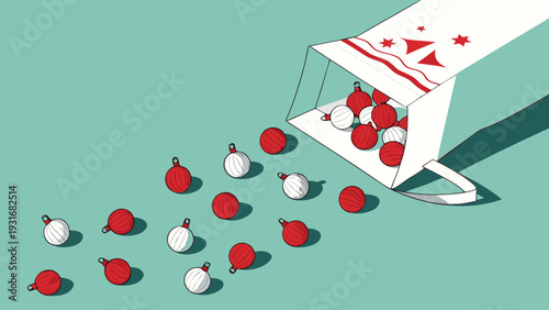 Red and white ornaments spilling from a gift bag.