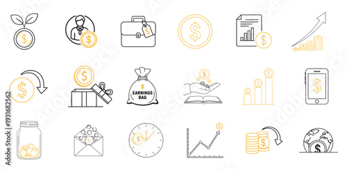 Income & Finance Line Icon Set – Money, Earnings, Investment and Growth Vector Collection