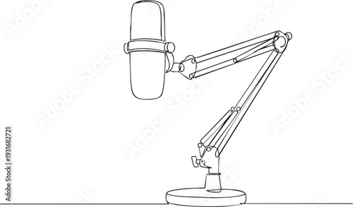 Studio podcast microphone on stand in continuous one line drawing. Radio broadcast equipment in simple linear style. Audio recording gear in editable stroke. Doodle oneline vector art.