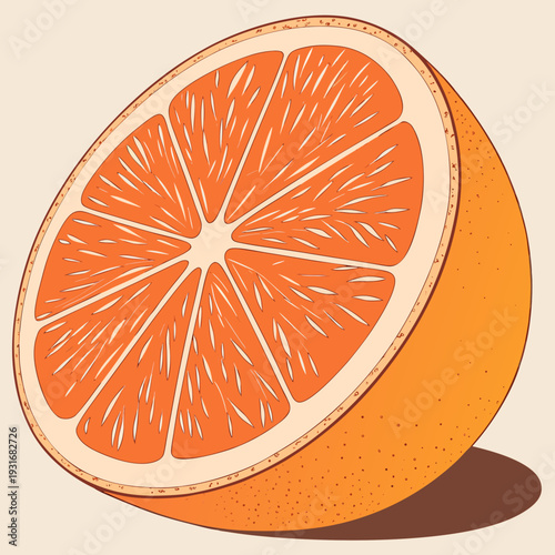 Vibrant half orange fruit with detailed segments and peel.