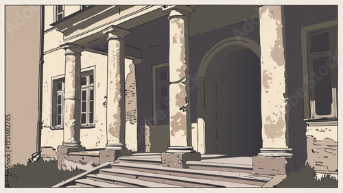 Weathered Stone Columns and Steps of an Old Building.