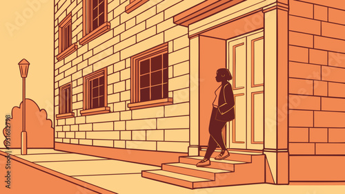 Woman Exiting Building on a City Street.