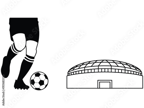 Soccer player with ball and stadium icon isolated on white background