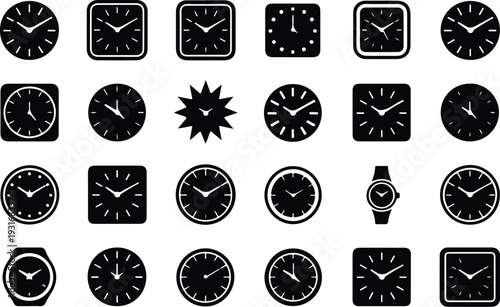 Clock Collection Silhouette Icon Set Time Clock Typography Silhouette Icon Pack