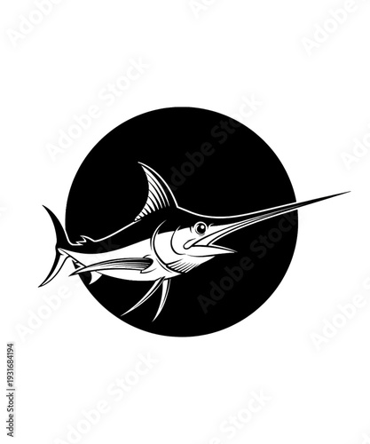 Striking black and white vector graphic illustration of a majestic marlin fish leaping through the water.