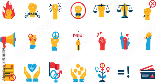 Human Rights and Protest Icon Set with Raised Fist Freedom Equality Justice Megaphone Gender Symbol and Activism Solidarity Collection.