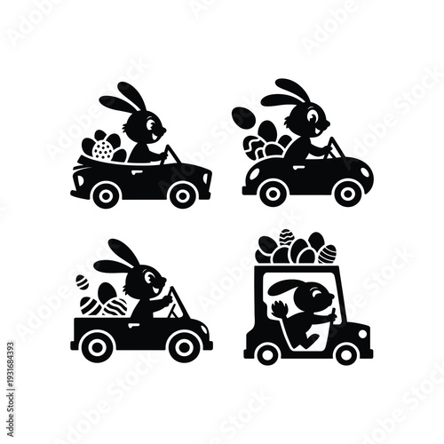 Playful silhouette of four Easter rabbits driving a car overflowing with Easter eggs.