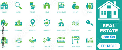 Real estate and property management solid icon set. Features house for sale, rent, realtor, mortgage, and home insurance symbols. Perfect for realty apps and UI/UX icons collection.