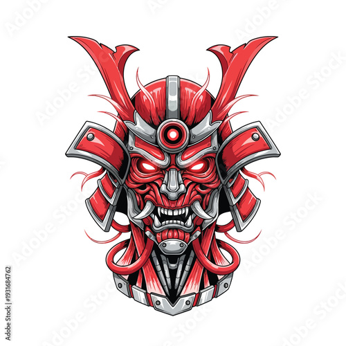 Aggressive Red Cyber Samurai Mask Illustration with Glowing Eyes