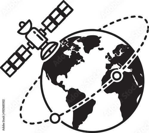 A satellite orbits the Earth illustrating global communication and navigation technology.