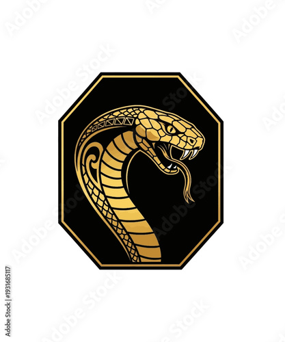 Striking gold cobra head illustration coiled aggressively within a detailed black and gold octagonal badge design.