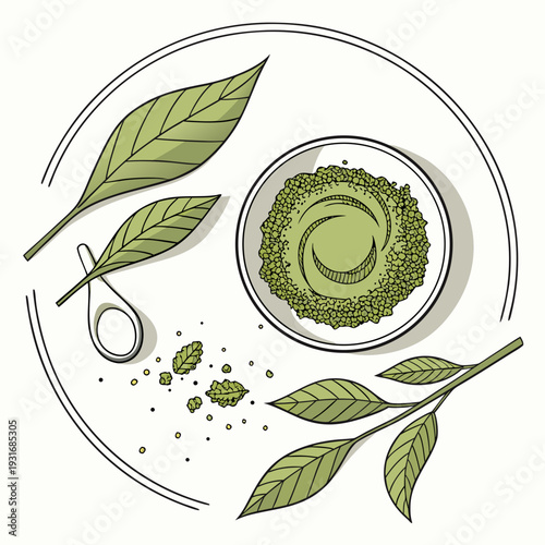 Matcha tea ceremony ingredients and tools in a circular frame.