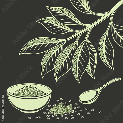 Matcha tea leaves and powder in a bowl with a spoon.