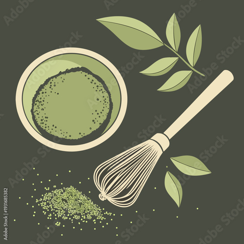 Matcha tea powder in bowl with whisk and green leaves.