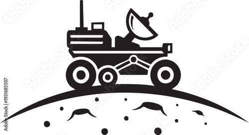 A robotic rover explores the surface of a distant planet with a satellite dish.