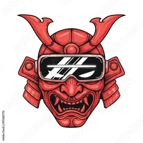 Futuristic Red Samurai Mask with VR Goggles - Japanese Warrior in Virtual Reality Tech Illustration