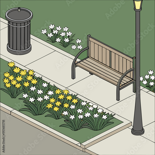 Park Bench and Daffodils in a Serene Urban Park Setting.