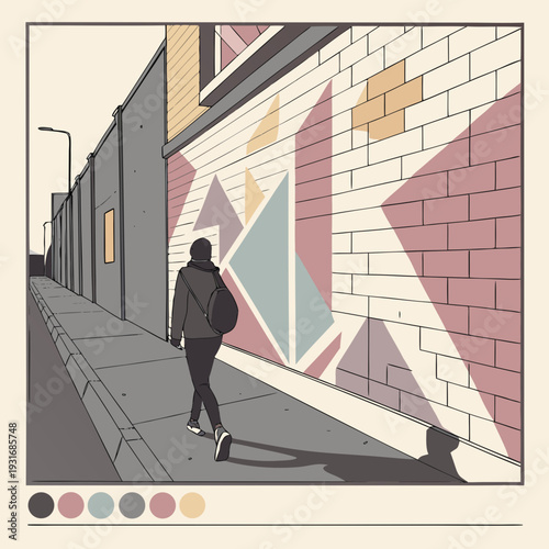 Person walking down an alley with geometric shadows.