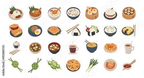 Asian Breakfast and Street Food Vector Collection - Nasi Lemak, Dim Sum, Ramen, Onigiri, and Ketupat Flat Illustrations