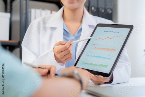 Asian nutritionist showing AI health analysis graph on tablet to man patient, doctor using technology for medical data tracking, medical diagnosis for diet control, consulting and nutrition.
