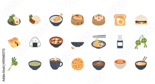 Asian Breakfast Set Illustration - Traditional Oriental Morning Food Menu Icons